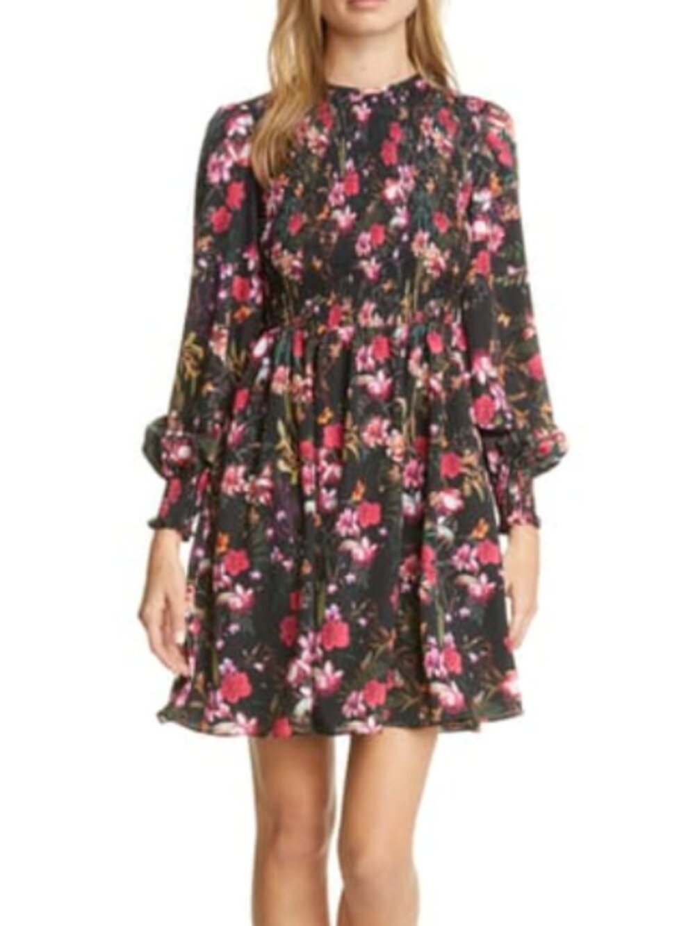 NWT - Ted Baker Fern Forest Long Sleeve Smock Dress In Black - Size 12